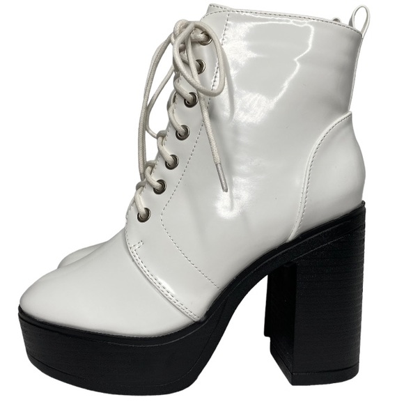 ALLEGRA K White Patent Leather Platform Lace Up Chunky Heel Combat Boots, 7.5 - Picture 5 of 13
